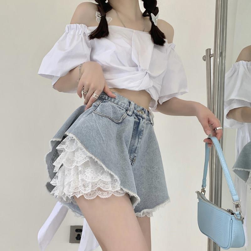 蕾丝牛仔超短裤女夏季新款两件套潮裤薄款显瘦A字裤高腰花边热裤