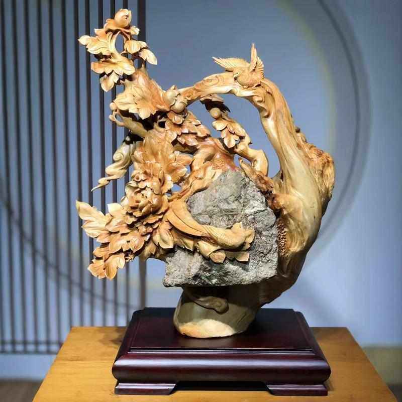 太行崖柏根雕花鸟摆件雕刻蝴蝶兰君子兰牡丹花迎客松木雕摆件红木