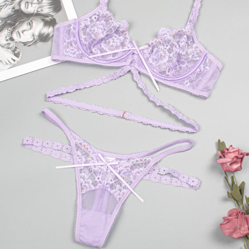 bra flower erotic underwire set thong embroidery with Sexy