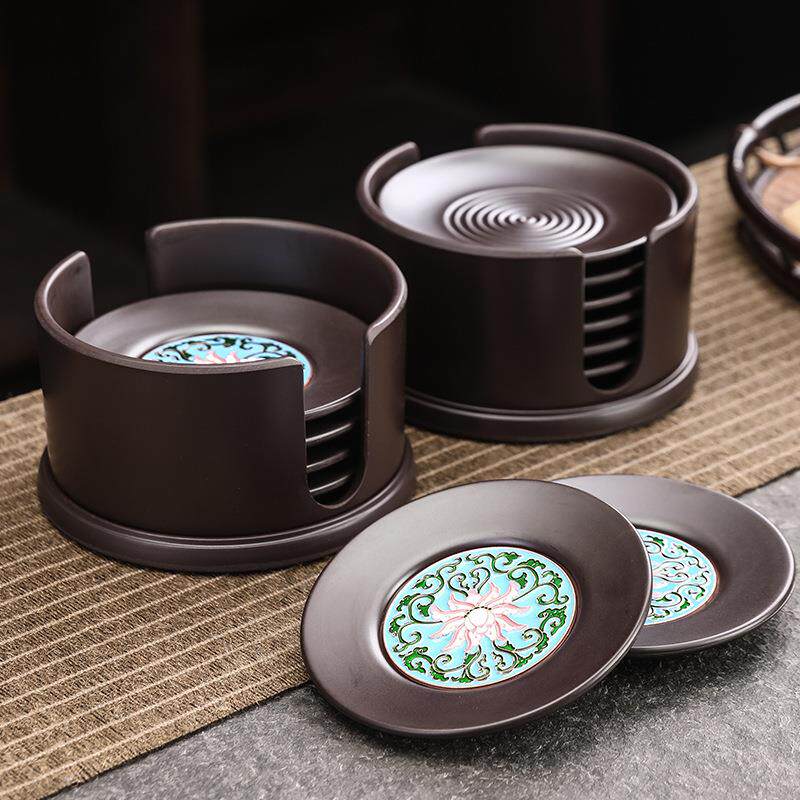 茶杯垫收纳桶茶杯隔热垫功夫茶杯托珐琅彩工艺茶道茶套装防烫电木