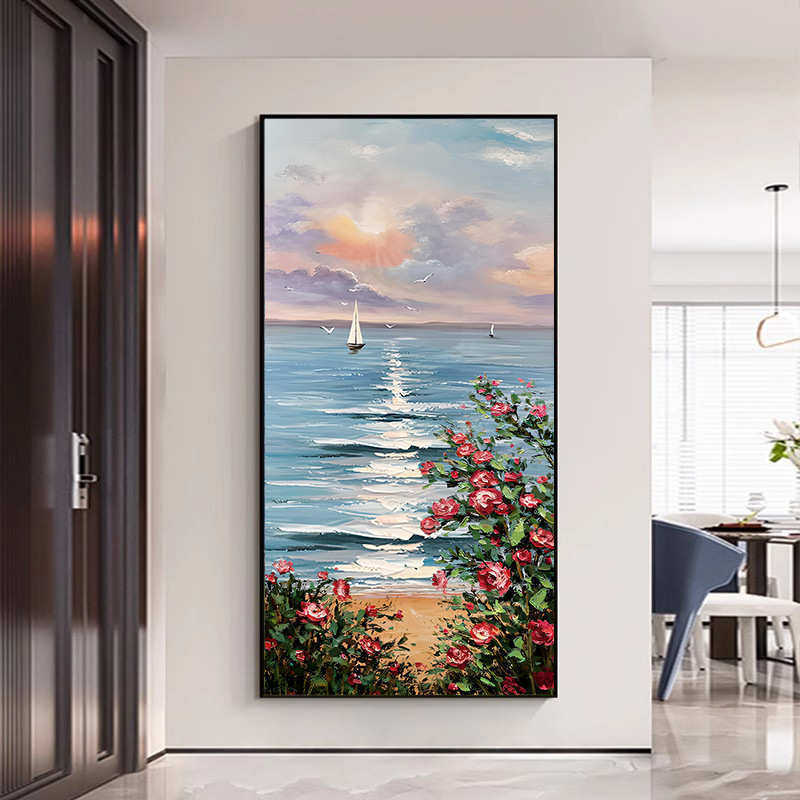 手绘油画进门入户玄关装饰画现代简约花卉客厅走廊挂画竖版风景画,家居饰品,油画,淘宝优惠券,粉丝福利购,淘宝优惠卷