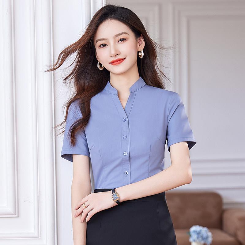 灰色职业衬衫女短袖领工作服正装立领工装衬衣2025夏天新款寸衣