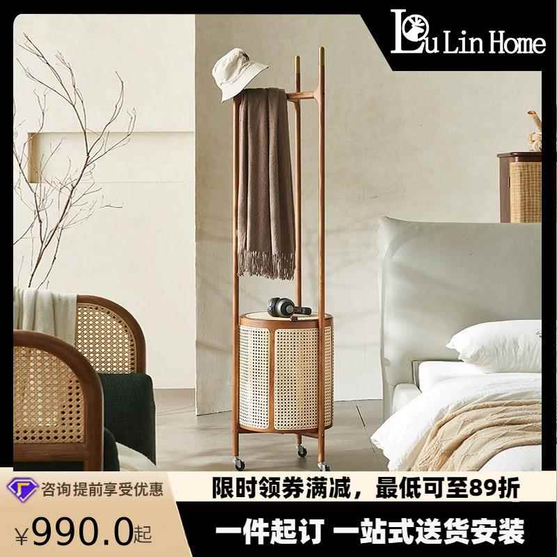 挂衣架落地卧室门口实木衣架家用白蜡木可移动脏衣篓藤编衣帽架