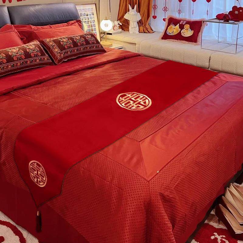 红色床旗结婚婚房装饰床尾搭巾新婚床上用品喜字桌旗茶几茶台桌布