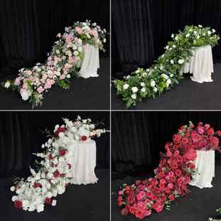 仿真长桌花拖尾瀑布花艺桌摆长桌花宴会酒店餐桌拍照摄影布景花排