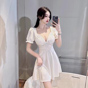 夜气场女装性感腰连衣裙夏季质V领低胸收显瘦字a裙足浴技师工