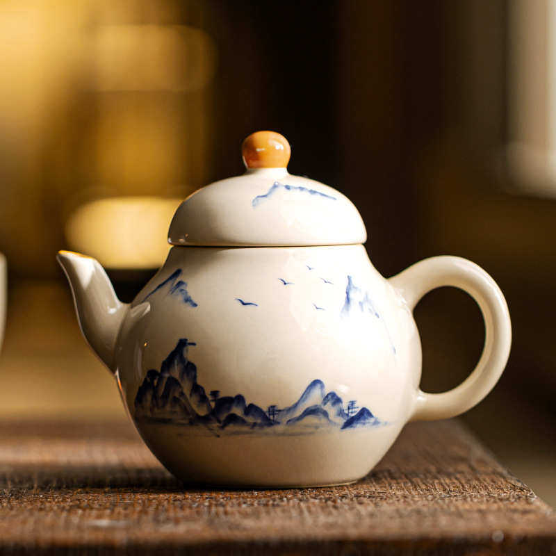 草木灰手绘山景茶壶新中式陶瓷单壶家用釉下彩泡茶壶功夫茶具