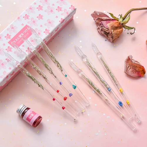 小清新干花玻璃笔套装送墨水笔架浪漫仙气彩墨蘸水笔学生琉璃笔