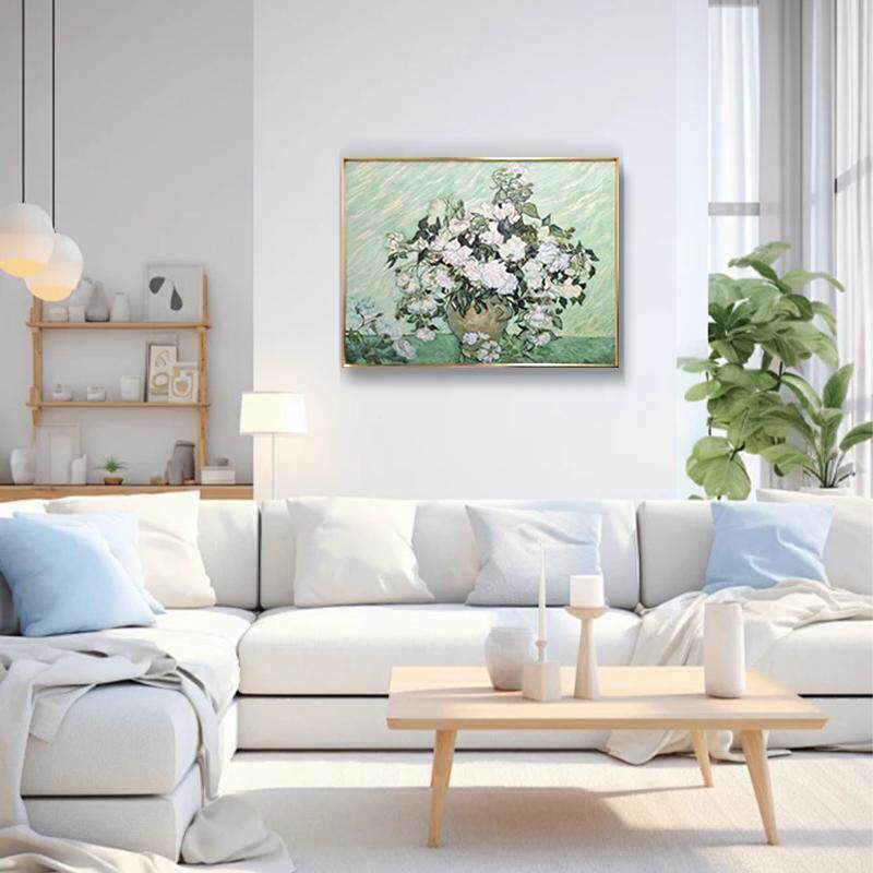 世界名画 《花瓶里的白玫瑰》梵高添笔油画复刻 立体印刷油画6080