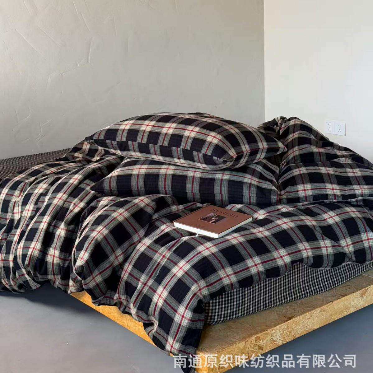 A类复古英伦风格子全棉双层纱四件套简约被套床单纯棉1.8床上用品