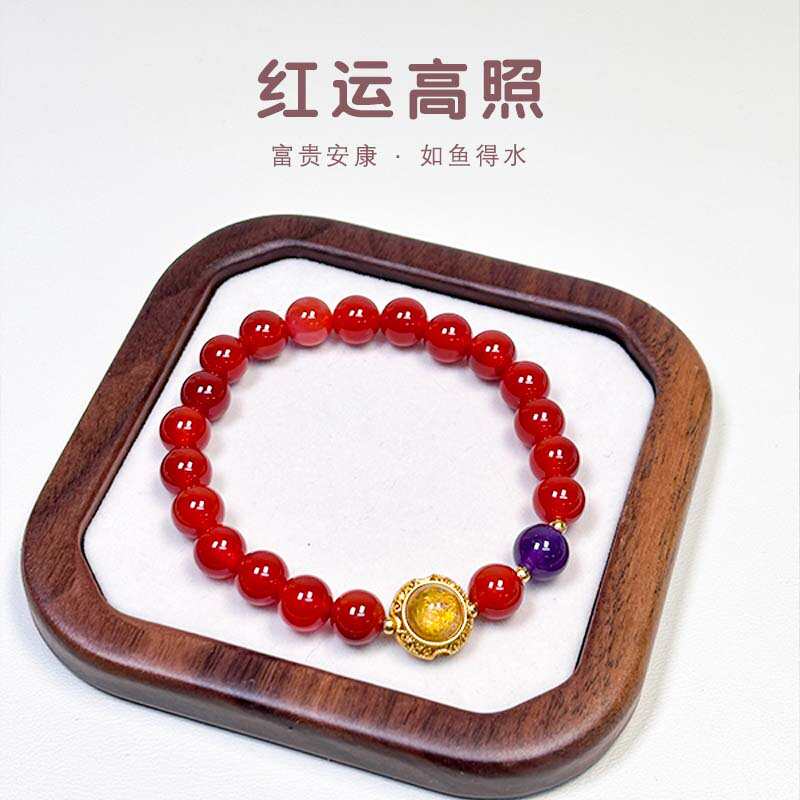 天然红玛瑙手串设计款单圈紫晶金发晶五行能量水晶手链女九离紫火