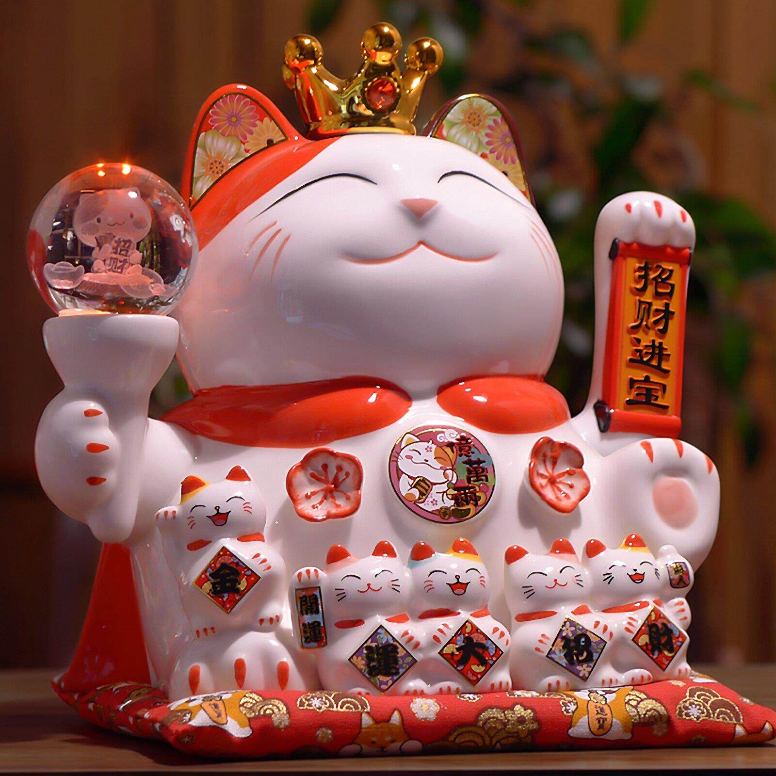 自动摇手招财猫摆件 大号陶瓷发财猫水晶猫 开业礼品居家客厅装饰