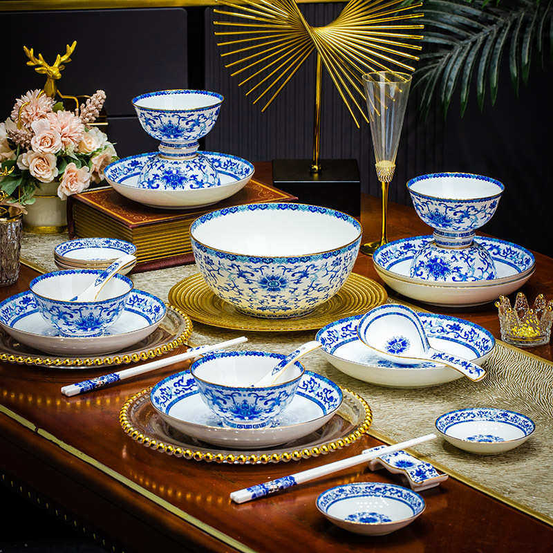 T5LP景德镇金边青花瓷骨瓷碗盘碗碟组合家用吃饭餐具酒店摆台自由
