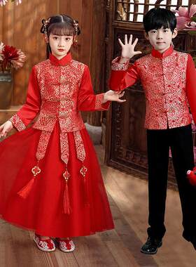 女童唐装男童中山装中国风绸缎儿童秀禾服红色拜年服中式花童礼服