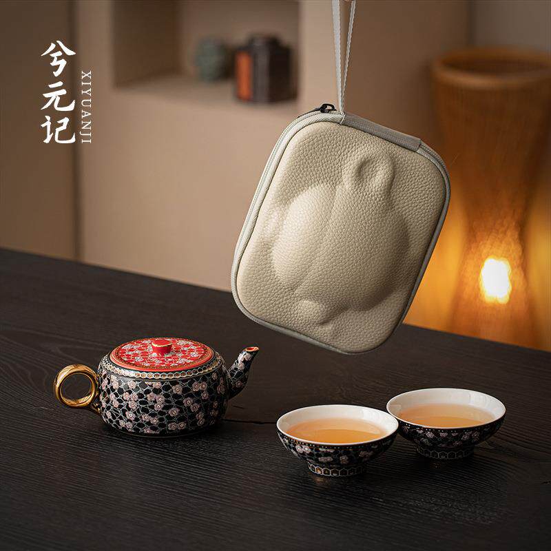 金银错旅行茶具便携式一壶二杯陶瓷快客杯高端户外露营套装送礼