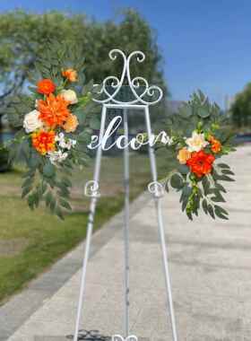 真花欧式婚礼订婚PTD婚庆景橙色装饰花拱仿背门花美迎宾花