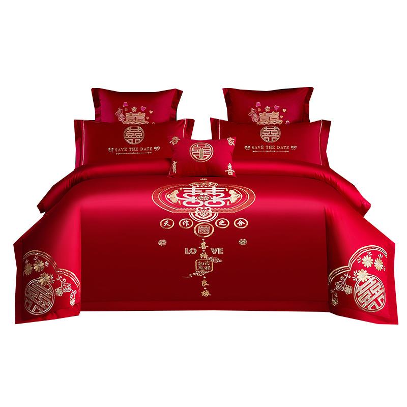 档庆奢华中式刺绣婚四件HZY-套大色床单被高套红结婚床上用品厂家