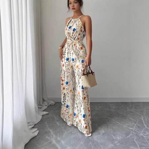 Floral Print Halter Tie Waist Bohemian Elegant Jumpsuit