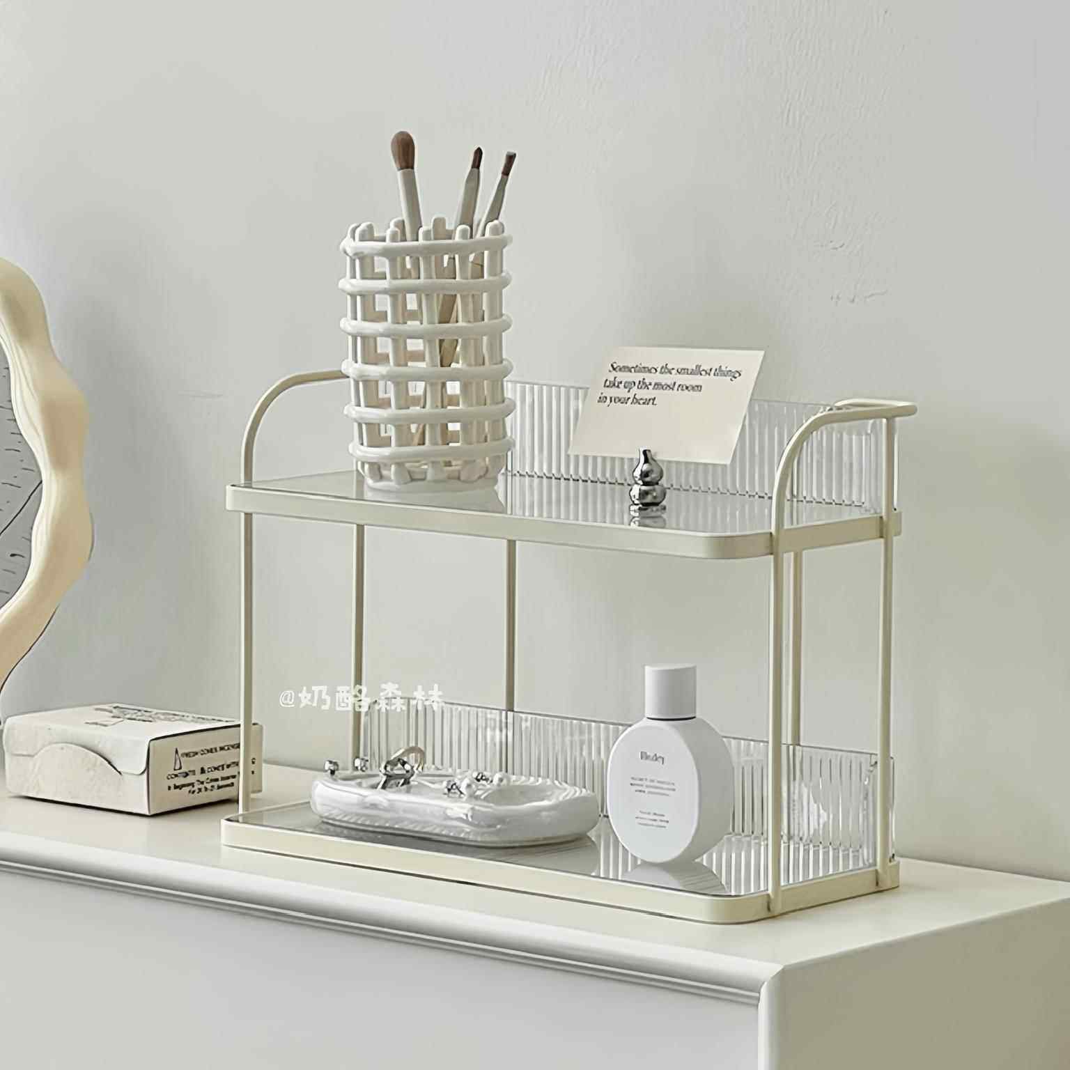 ins风奶油色置物架双层铁艺架卧室玄关客厅电视柜香水小物件收纳
