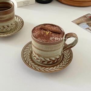 复古粗陶窑变麦穗咖啡杯碟浮雕陶瓷拿铁拉花杯日式小众杯下午茶杯
