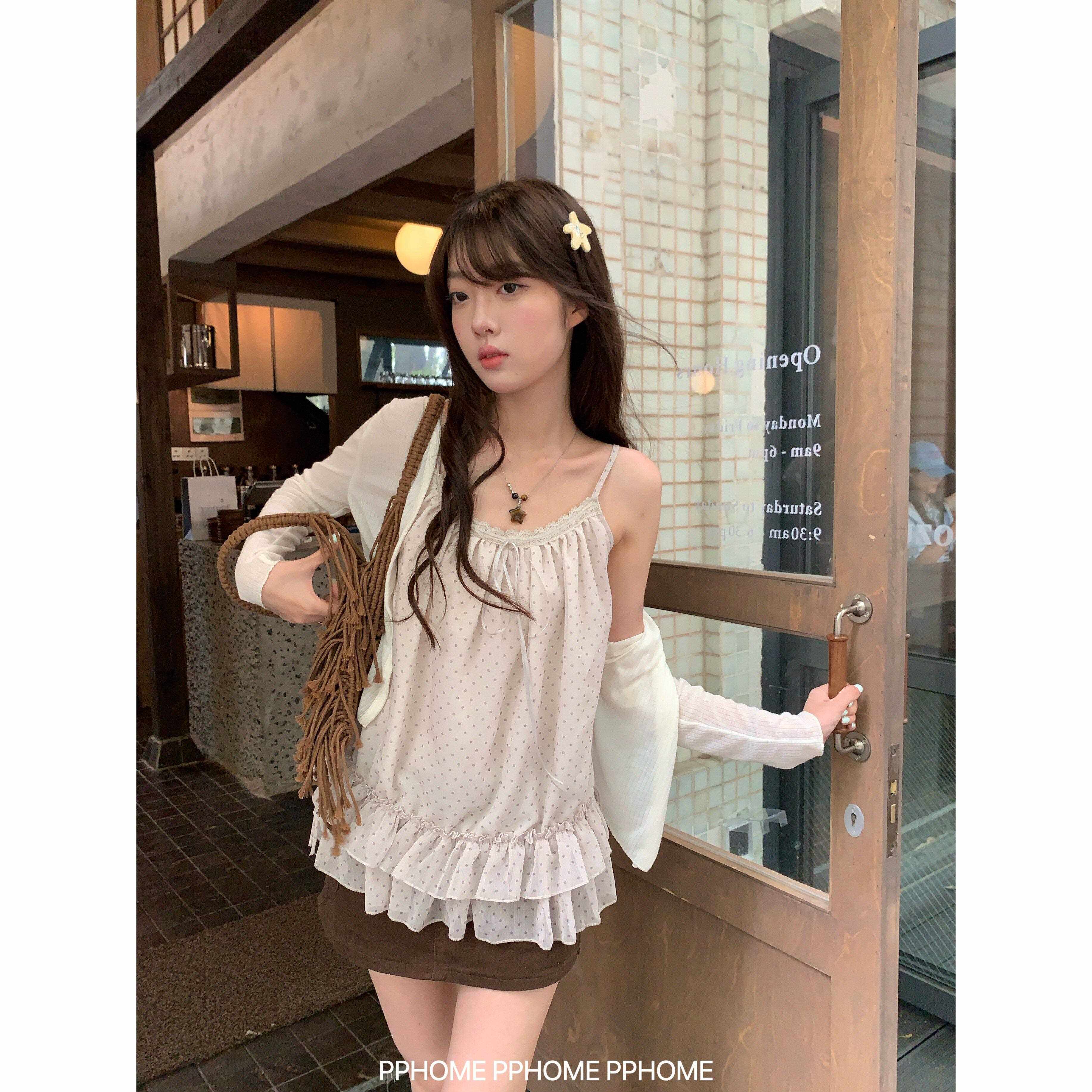 PPHOME自制~少女诗集 韩系荷叶边波点吊带上衣防晒开衫百搭两件套