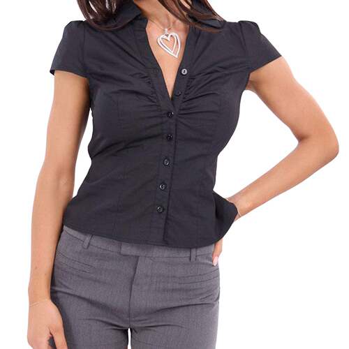 Women Chic Shirt Short Sleeve Button Closure Solid/plaid