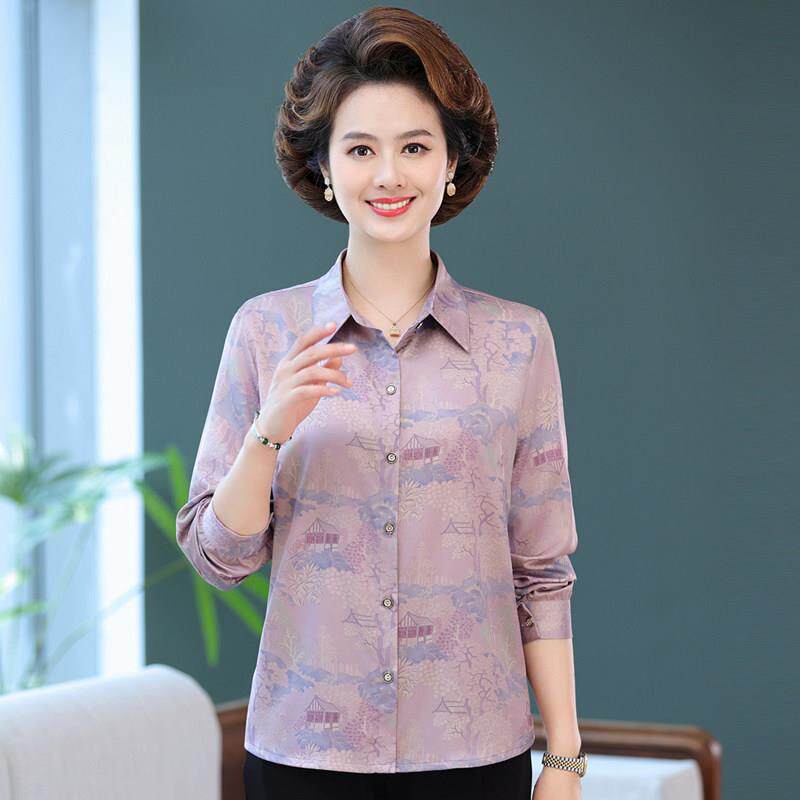 2025新款妈妈真丝衬衫长袖夏装中老年女士桑蚕丝衬衫薄款洋派外穿