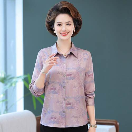 2025新款妈妈真丝衬衫长袖夏装中老年女士桑蚕丝衬衫薄款洋派外穿