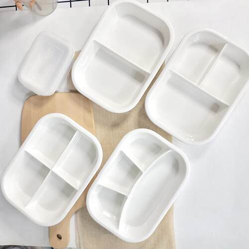 四格分格盘食品级陶瓷饭盒带盖分隔型微波炉专用上班族大容量瓷碗