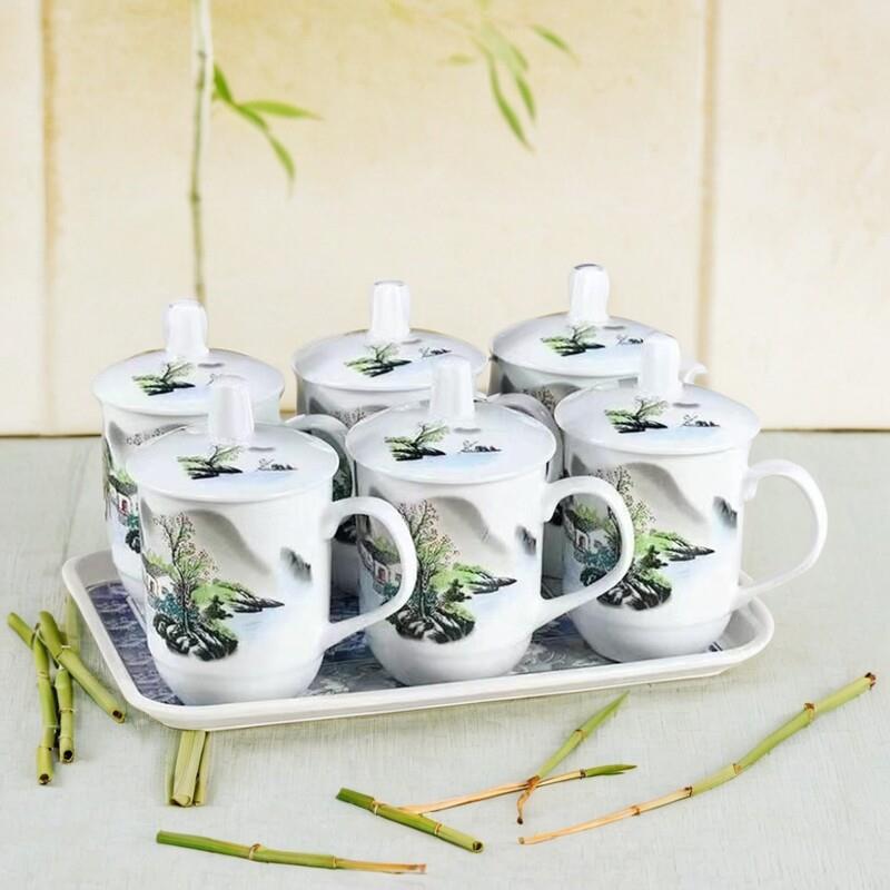 六个装景德镇办公杯新款家用茶杯陶瓷带盖会议杯高端水杯茶具套装