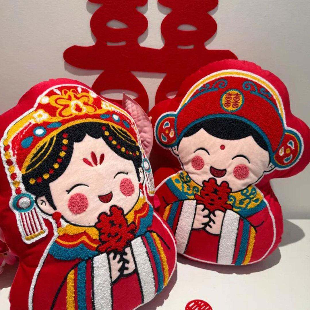 薇妮婚品结婚喜字抱枕一对新中式新婚礼压床娃娃娃娃陪嫁婚庆用品