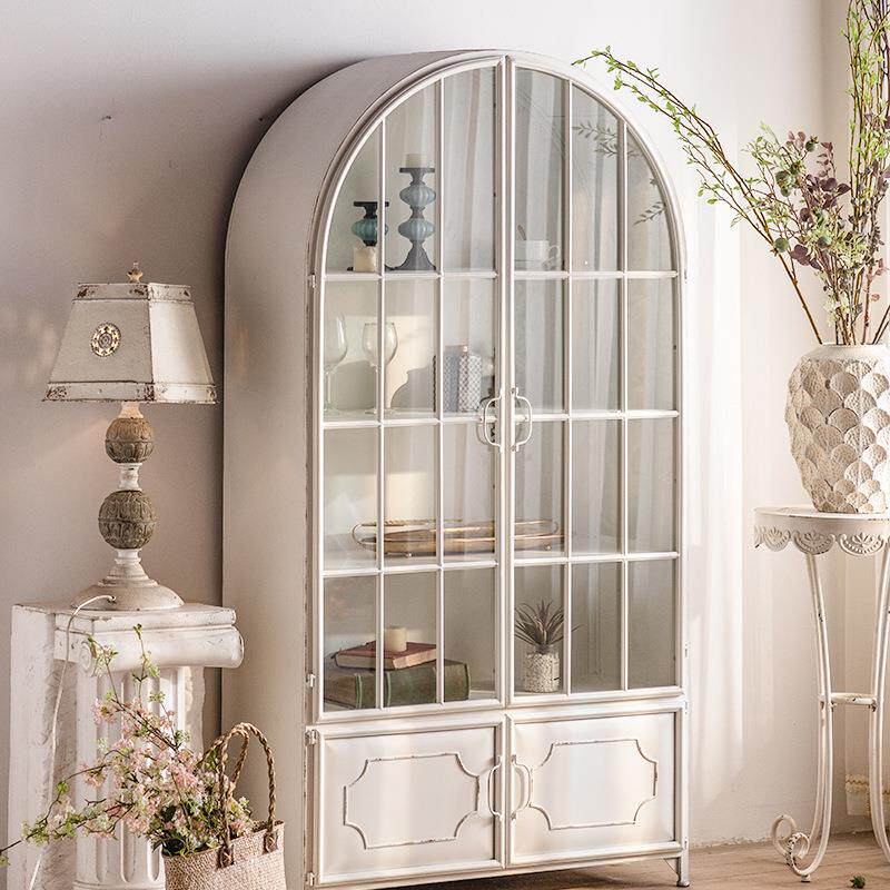 新款直销白色创意拱形收纳酒柜 铁艺带玻璃门展示书柜 法式客厅靠
