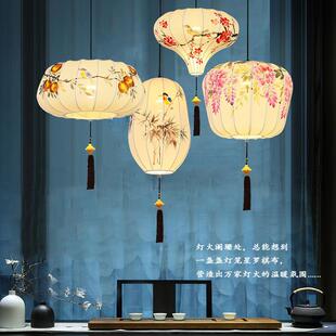 餐饮吊灯复古餐厅茶楼饭店中国风火锅店手绘布艺灯笼禅意灯饰 中式