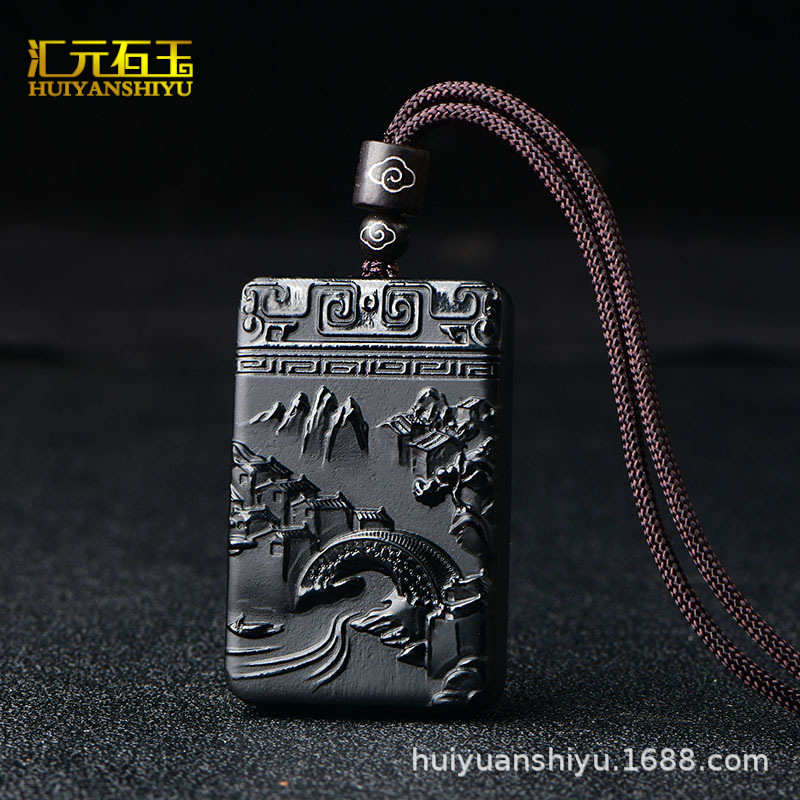 天然和田玉墨玉山水牌子男女款双面精雕高山流水挂件直播货源批发
