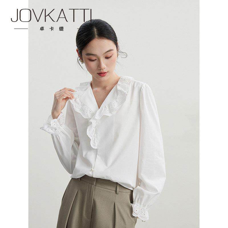 春季新款法式荷叶边蕾丝花边V领衬衫JOVKATTI通勤简约气质上衣女