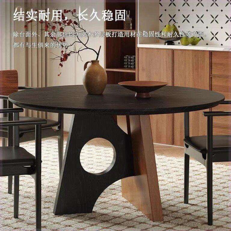 中古风圆桌个性创意白蜡木复古实木饭桌黑色诧寂风简约圆形餐桌
