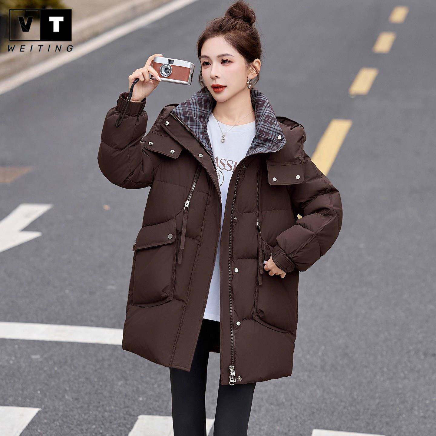 WEI TING格纹拼接中长款羽绒服女冬季新款宽松连帽白鸭绒保暖外套