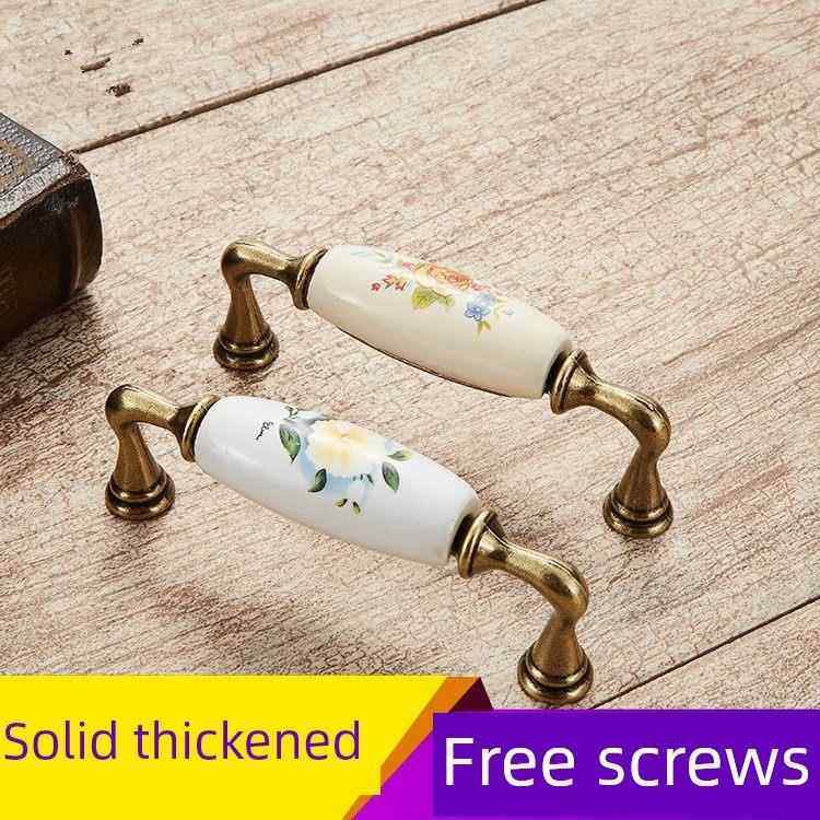 拉手欧式茶花陶瓷拉手橱柜家具抽屉衣柜门田园彷古兰花青古铜把手