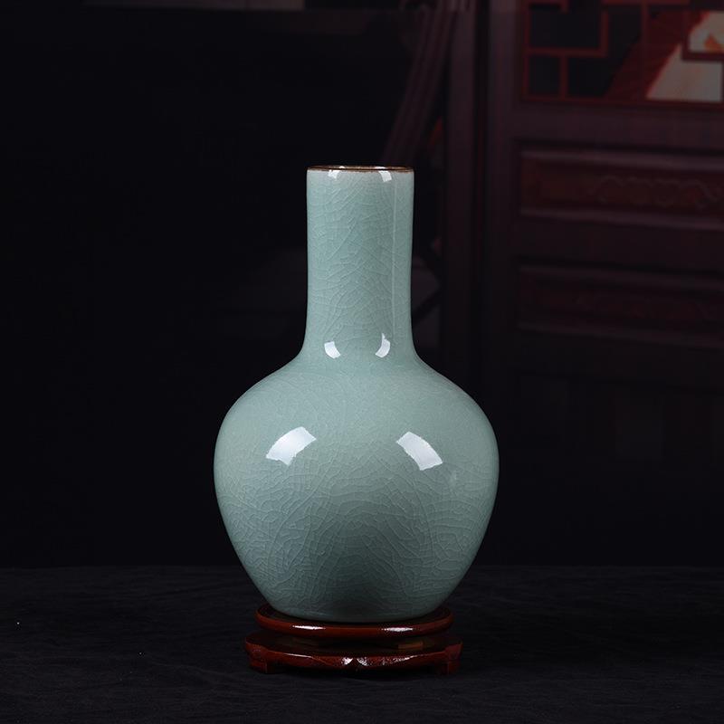 仿古陶瓷花瓶官窑开片裂纹绿色古典简约插画花瓶家居装饰摆件
