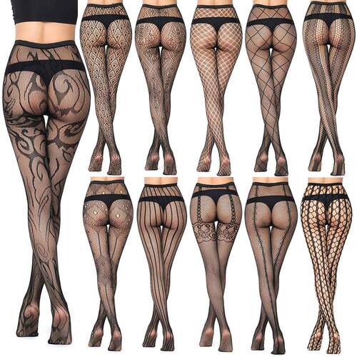 Black striped/checkered mesh pantyhose one size 3 pcs