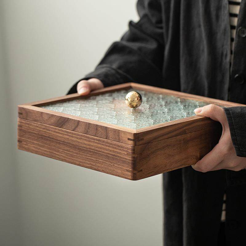 实木干果盒 带盖方形水果盘 客厅新年糖果坚果盒玻璃收纳盒