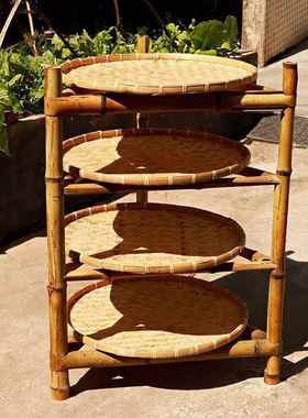 手编品织竹制多层三脚架用43570置物架圆形竹编簸箕晒干货架子家