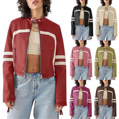 Womens Faux Leather Jackets Zip Up Stand Collar Cropped