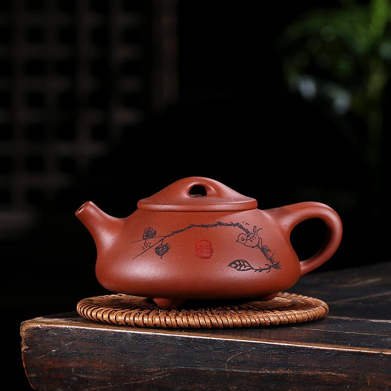 原矿宜兴紫砂壶茶壶景周石瓢壶刻绘刻字家用泡茶壶紫色红色