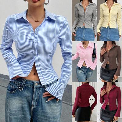 Women Striped Long Sleeve Casual Everyday Work Shirt For