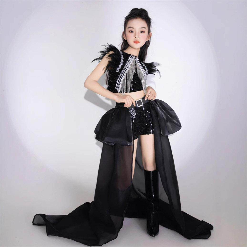 女童黑色亮片t台走秀服大玩家潮服拖尾pk赛服疾风运动8酷帅9套装