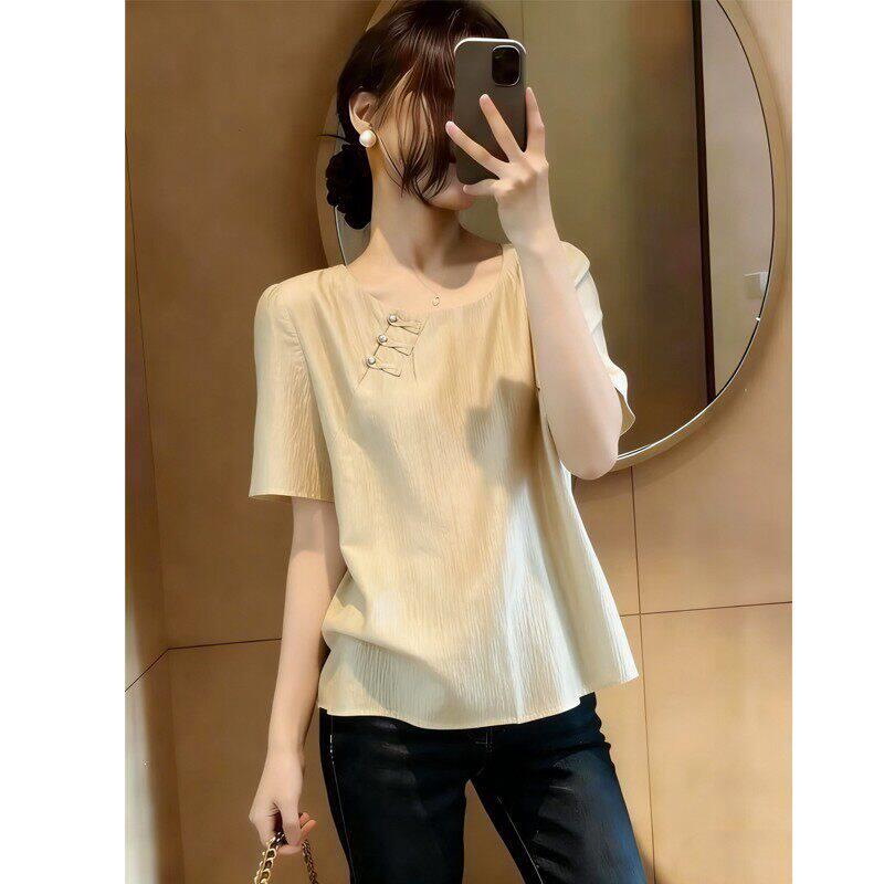 高档时尚新中式国风盘扣圆领套头短袖T恤女夏大码胖显瘦休闲上衣