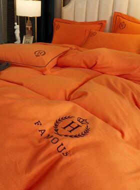 橙色高端纯棉四件床套100全棉家用夏季套薄款被轻奢风TKD简约单品