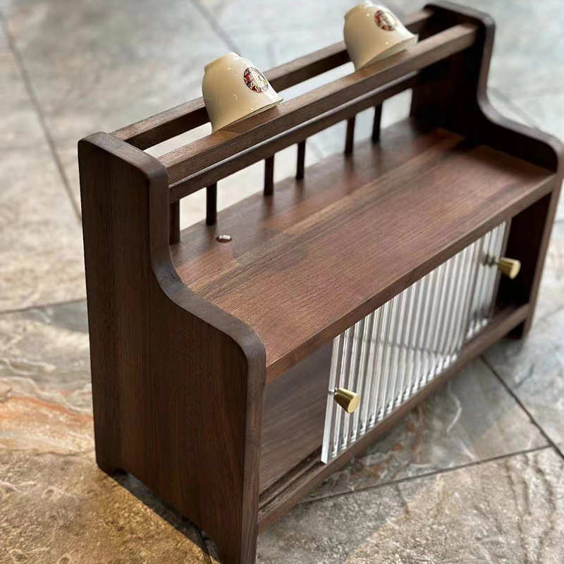 收纳实木具物置小型茶杯推拉门架北美黑胡桃木桌架子架面茶简约带