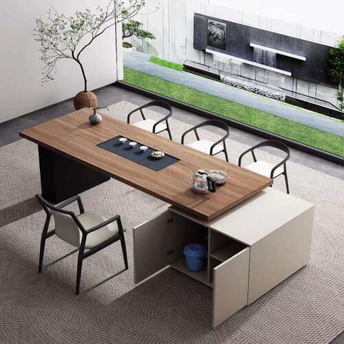 意式现代办公室乌金木实木大板茶台办公室别墅大板桌储物茶桌